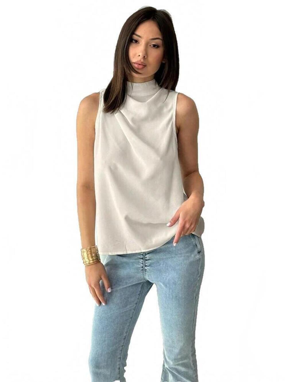 H&M Sleeveless Mock Neck Top Off White US-6 Polyester Comfy